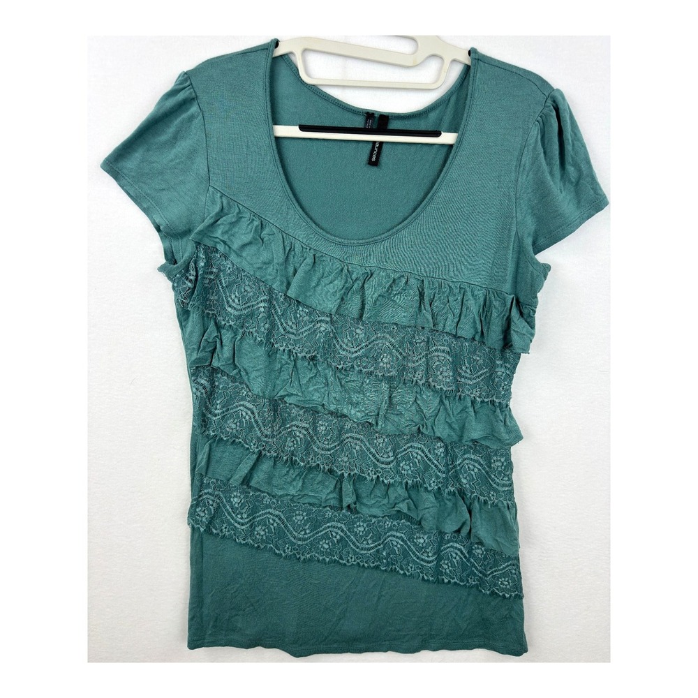 Maurices Top Womens Medium Teal Green Tiered Lace Ruffle Short Sleeve Scoop Neck